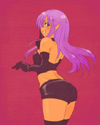 Rule 34 | 10s, 1girl, aoi sekai no chuushin de, bare back, bare shoulders, elbow gloves, finger to mouth, gloves, grin, long hair, looking back, midriff, nel (aoi sekai no chuushin de), pointy ears, purple eyes, purple hair, simple background, smile, solo, thighhighs