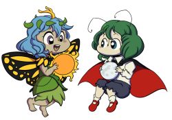 Rule 34 | 2girls, antennae, aqua eyes, blue hair, blush stickers, butterfly wings, cape, dress, eternity larva, green dress, green hair, hair between eyes, hair ornament, holding, insect wings, leaf hair ornament, long sleeves, moon, multiple girls, no mouth, open mouth, purple eyes, robin (unlimited world), shirt, short hair, shorts, sun, touhou, white shirt, wings, wriggle nightbug