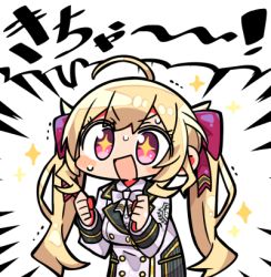 Rule 34 | + +, 1girl, :d, ahoge, blonde hair, blush, bow, breasts, chibi, collared shirt, hair bow, hands up, jacket, kanikama, long hair, long sleeves, looking at viewer, lowres, medium breasts, nijisanji, open mouth, purple bow, purple eyes, shirt, smile, solo, sparkle, sweat, takamiya rion, takamiya rion (1st costume), translation request, twintails, v-shaped eyebrows, very long hair, virtual youtuber, white background, white bow, white jacket, white shirt
