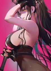 Rule 34 | 1girl, bare shoulders, between breasts, bikini, black bikini, black gloves, black hair, black hat, black pantyhose, blush, breasts, facial mark, fate/grand order, fate (series), fingerless gloves, forehead mark, gloves, halterneck, hat, large breasts, long hair, looking at viewer, multicolored hair, open mouth, pantyhose, parted bangs, pink hair, police hat, ponytail, sessyoin kiara, sessyoin kiara (swimsuit mooncancer), smile, streaked hair, swimsuit, traffic baton, very long hair, xiangzi box, yellow eyes
