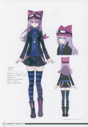 Rule 34 | 1girl, absurdres, armband, artbook, artist name, ass, bandai, black footwear, black jacket, black skirt, blue shirt, boots, character sheet, digimon, digimon story: cyber sleuth, digimon story: sunburst and moonlight, digivice, female focus, full body, goggles, goggles on head, goggles on headwear, hat, highres, jacket, official art, pleated skirt, purple eyes, purple hair, purple hat, sayo (digimon), scan, shirt, simple background, skirt, solo, standing, striped clothes, striped thighhighs, thighhighs, translation request, turtleneck, white background, zettai ryouiki
