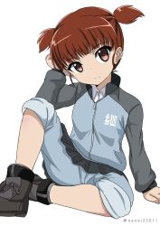 Rule 34 | 10s, 1girl, ankle boots, arm support, blue jacket, blue pants, blue skirt, boots, closed mouth, commentary, full body, girls und panzer, grey footwear, grey socks, hair tie, head tilt, jacket, long sleeves, looking at viewer, mikko (girls und panzer), military, military uniform, miniskirt, one-hour drawing challenge, pants, pants rolled up, pants under skirt, pleated skirt, raglan sleeves, red eyes, red hair, shibagami, short hair, short twintails, simple background, sitting, skirt, smile, socks, solo, track jacket, track pants, twintails, twitter username, uniform, white background