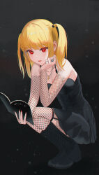 Rule 34 | 1girl, amane misa, black background, black footwear, black skirt, blonde hair, boots, bustier, death note, death note (object), detached sleeves, fishnet sleeves, fishnets, from side, full body, highres, holding, iino (isnyong), jewelry, knee boots, long hair, long sleeves, miniskirt, nail polish, pleated skirt, red eyes, red nails, ring, skirt, solo, squatting, twintails