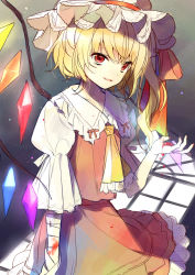 Rule 34 | 1girl, bandages, blonde hair, blood, female focus, flandre scarlet, hanabana tsubomi, hat, highres, mob cap, open mouth, red eyes, ribbon, short hair, side ponytail, smile, solo, touhou, window shadow, wings
