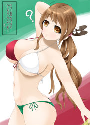 Rule 34 | 10s, 1girl, ?, bikini, breasts, brown eyes, brown hair, female focus, highres, italian flag, kantai collection, large breasts, littorio (kancolle), long hair, marl35, ponytail, print bikini, simple background, solo, striped, striped background, swimsuit