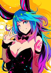 Rule 34 | 1girl, absurdres, animal ears, arm at side, bare shoulders, berryverrine, blue eyes, blue hair, bow, bowtie, breasts, cleavage, commission, detached collar, fake animal ears, gradient hair, hand up, head tilt, highres, indie virtual youtuber, large breasts, leotard, long hair, looking at viewer, multicolored eyes, multicolored hair, nail polish, playboy bunny, purple hair, rabbit ears, second-party source, shadow, silvervale, smile, solo, standing, strapless, strapless leotard, streaked hair, tattoo, upper body, virtual youtuber, w, wing collar, wrist cuffs, yellow background, yellow eyes