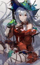 Rule 34 | 1girl, absurdres, arknights, ascot, bare shoulders, black ascot, detached sleeves, dress, gloves, green gloves, green hat, grey background, grey hair, hat, headgear, highres, holding, holding staff, leg wrap, long hair, looking at viewer, parted lips, qianzhu, red dress, red eyes, red sleeves, simple background, sitting, skadi (arknights), skadi the corrupting heart (arknights), sketch, solo, staff