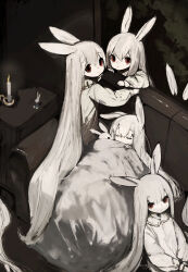 Rule 34 | 6+girls, :&lt;, albino, animal ears, candle, closed eyes, closed mouth, commentary, commentary request, couch, dot nose, dress, frilled shirt collar, frills, highres, indoors, long hair, long sleeves, looking at viewer, multiple girls, on couch, original, out of frame, pain, pale skin, puffy long sleeves, puffy sleeves, rabbit ears, red eyes, shirokujira, sitting, stuffed animal, stuffed rabbit, stuffed toy, under covers, very long hair, white dress