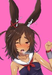 Rule 34 | 1girl, afterimage, animal ears, arm up, azur lane, bare shoulders, blush, bow, breasts, brown hair, collarbone, cursor, dark-skinned female, dark skin, drooling, ear ribbon, fingernails, hair between eyes, highres, i-26 (azur lane), kiyomin, long hair, medium breasts, neckerchief, one eye closed, open mouth, parted bangs, pink background, rabbit ears, red eyes, red neckerchief, red ribbon, ribbon, sailor collar, saliva, simple background, solo, sweat, tears, white sailor collar