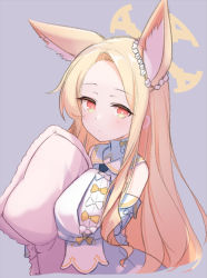 Rule 34 | 1girl, animal ears, basa rutan, blonde hair, blue archive, bow, closed mouth, cross halo, detached sleeves, dress, flower, hair flower, hair ornament, halo, holding, holding pillow, light blush, long hair, looking at viewer, orange bow, orange eyes, parted bangs, pillow, sailor collar, seia (blue archive), sketch, sleeveless, sleeveless dress, sleeves past fingers, sleeves past wrists, solo, upper body, white bow, white dress, white sailor collar