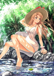 Rule 34 | 1girl, absurdres, arm support, bad id, bad pixiv id, barefoot, breasts, brown eyes, brown hair, clothes lift, day, dress, dress lift, forest, hat, highres, legs, long hair, medium breasts, nature, original, partially submerged, rock, see-through, sitting, sitting on rock, soaking feet, soyokaze, stream, sundress, tree, water, wind, wind lift