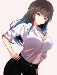 1girl black_hair black_pants blush breasts brown_eyes character_name cleavage closed_mouth girls_und_panzer hands_on_own_hips kumaisao large_breasts long_hair looking_at_viewer nishizumi_shiho pants shirt simple_background smile solo white_background white_shirt