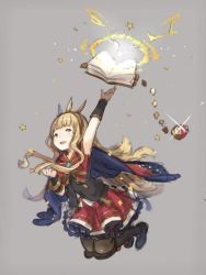Rule 34 | 10s, 1girl, black legwear, blonde hair, book, cagliostro (granblue fantasy), cape, granblue fantasy, grey background, grey eyes, hairband, hanarito, holding, holding book, long hair, miniskirt, open book, open mouth, red skirt, simple background, skirt, solo, star (symbol)