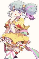 Rule 34 | 1girl, absurdres, blue eyes, blue hair, blush, bow, commentary request, cowboy shot, dress, earrings, hair bun, hair ornament, hand up, highres, jewelry, long hair, looking at viewer, multicolored hair, nojima minami, open mouth, pink hair, pinon (pripara), pretty series, pripara, puffy short sleeves, puffy sleeves, red bow, short sleeves, sidelocks, single hair bun, solo, standing, star (symbol), star earrings, star hair ornament, streaked hair, striped clothes, striped thighhighs, thighhighs, white background, yellow dress