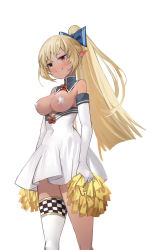 Rule 34 | 1girl, bare shoulders, blonde hair, blue bow, blush, bow, breastless clothes, breasts, checkered clothes, collarbone, cowboy shot, dark-skinned female, dark skin, detached collar, dress, elbow gloves, elf, embarrassed, furrowed brow, fuyouchu, gloves, hair bow, hair ornament, high-waist skirt, high ponytail, highres, holding, holding pom poms, hololive, long hair, medium breasts, orange eyes, pasties, pointy ears, pom pom (cheerleading), pom poms, ponytail, shiranui flare, shiranui flare (old design), single thighhigh, skirt, smile, solo, sweatdrop, tape, tape on nipples, thighhighs, thighs, topless, virtual youtuber, white background, white dress