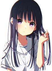 Rule 34 | 1girl, black hair, brown nails, closed mouth, commentary request, hand up, highres, long hair, looking at viewer, mamyouda, original, purple eyes, sailor collar, school uniform, serafuku, shirt, short sleeves, signature, simple background, solo, upper body, white background, white sailor collar, white shirt