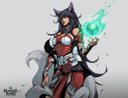 Rule 34 | 1girl, ahri (league of legends), animal ears, aron lusen, black hair, breasts, cleavage, commentary, detached sleeves, energy ball, facial mark, fingernails, fox ears, fox girl, fox tail, gradient background, hicham habchi, highres, large breasts, league of legends, long fingernails, long hair, multiple tails, official art, ruined king: a league of legends story, tail, whisker markings