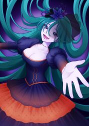 Rule 34 | 1girl, breasts, cleavage, colored skin, dress, floating hair, flower, green hair, juliet sleeves, lipstick, long hair, long sleeves, looking at viewer, makeup, medium breasts, open mouth, original, outstretched arms, puffy sleeves, purple background, purple eyes, purple lips, purple skin, setosayako, smile, solo, stitched neck, stitches, veil, very long hair