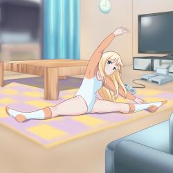 Rule 34 | 1girl, arm up, armpits, athletic leotard, bad id, bad pixiv id, blonde hair, blue eyes, blurry, borrowed character, clock, controller, couch, curtains, depth of field, exercising, feet, flat chest, flexible, freckles, full body, game console, game controller, gamepad, groin, highres, indoors, kneehighs, leaning, leotard, light smile, long hair, long sleeves, looking at viewer, no shoes, on floor, original, outstretched arm, outstretched arms, plantar flexion, raglan sleeves, rug, sig (sfried), smile, socks, solo, split, spread legs, stretching, super famicom, table, television