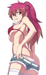 Rule 34 | 1girl, ahoge, ao no exorcist, ass, back, bikini, bikini top only, breasts, brown hair, butt crack, caryo, clothes pull, crack, cutoffs, denim, denim shorts, kirigakure shura, large breasts, long hair, looking at viewer, looking back, looking down, multicolored hair, nanashino, panties, panty pull, ponytail, pulled by self, purple eyes, purple hair, red bikini, red hair, seductive smile, short shorts, shorts, shorts pull, sideboob, simple background, skindentation, smile, solo, swimsuit, teasing, thighhighs, thong, two-tone hair, underboob, underwear, undressing, whale tail (clothing), white panties, white thighhighs