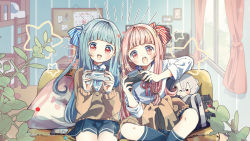 Rule 34 | 2girls, bag, bed, blue hair, blue ribbon, bunk bed, cellphone, commission, computer, controller, couch, curtains, game controller, hair ribbon, highres, holding, holding controller, holding game controller, indoors, kotonoha akane, kotonoha aoi, long hair, long sleeves, multiple girls, open mouth, oyasumi makura, phone, pink hair, plant, playing games, red eyes, red ribbon, ribbon, school bag, school uniform, seyanaa, shirt, siblings, sisters, sitting, skeb commission, skirt, smartphone, socks, star (symbol), stuffed toy, sweater, voiceroid, white shirt, window
