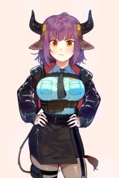 Rule 34 | 1girl, absurdres, animal ears, arknights, artist name, benzbt, black necktie, black skirt, breasts, cow ears, cow girl, cow horns, cow tail, hands on own hips, highres, horns, jacket, large breasts, long sleeves, looking at viewer, necktie, open clothes, open jacket, orange eyes, pencil skirt, pocket, pouch, purple hair, short hair, sideroca (arknights), simple background, skirt, solo, standing, tail, thigh strap, white background