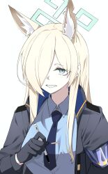Rule 34 | 1girl, animal ears, black jacket, blonde hair, blue archive, blue eyes, blue shirt, jacket, ka keo, kanna (blue archive), long hair, looking at viewer, pen, shirt, simple background, solo, upper body, white background
