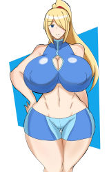 Rule 34 | 1girl, blonde hair, blue eyes, breasts, cameltoe, cleavage, highres, huge breasts, metroid, midriff, navel, nintendo, ponytail, samus aran, shorts, smile, solo, thick thighs, thighs, wide hips