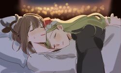 Rule 34 | 2girls, antlers, bak pep, black sweater, blush, brown hair, character request, closed eyes, commentary request, cuddling, green hair, grey sweater, hand on another&#039;s back, hat, highres, horns, idolmaster, korean commentary, long hair, lying, lying on person, multiple girls, night, on back, on stomach, parted lips, red hat, reindeer antlers, santa hat, sleeping, sweatdrop, sweater, yuri