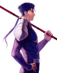 Rule 34 | 1boy, armor, bad id, bad pixiv id, blue hair, cu chulainn (fate), cu chulainn (fate/stay night), earrings, fate (series), from side, gae bolg (fate), hand on own hip, highres, holding, holding weapon, jewelry, long hair, male focus, neopara, pauldrons, polearm, ponytail, red eyes, shoulder armor, solo, spear, standing, weapon