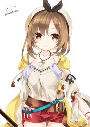 Rule 34 | 1girl, atelier (series), atelier ryza, atelier ryza 1, bad id, bad pixiv id, belt, belt buckle, beret, blue belt, breasts, brown belt, brown eyes, brown hair, buckle, cleavage, closed mouth, cowboy shot, dated, flask, hair between eyes, hair ornament, hairclip, hat, jacket, jewelry, long hair, long sleeves, medium breasts, nanase nao, navel, necklace, off-shoulder shirt, off shoulder, open clothes, open jacket, puffy long sleeves, puffy sleeves, red shorts, reisalin stout, round-bottom flask, shirt, short shorts, shorts, sidelocks, simple background, sleeveless, sleeveless jacket, smile, solo, star (symbol), star necklace, thigh gap, twitter username, vial, white background, white hat, white shirt, yellow jacket