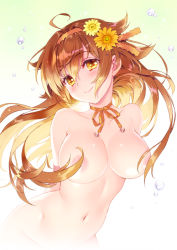 Rule 34 | 1girl, ahoge, arms behind back, artist name, breasts, brown eyes, brown hair, carnelian, censored, commentary request, flower, hair censor, hair flower, hair ornament, kantai collection, large breasts, long hair, looking at viewer, navel, nude, shiratsuyu (kancolle), smile, solo, upper body, water drop