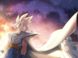 Rule 34 | 2boys, aqua eyes, arms at sides, backlighting, blonde hair, blurry, bokeh, cape, child, clothes lift, colored skin, depth of field, dougi, dragon ball, dragonball z, facing away, floating hair, frown, green skin, highres, looking at another, looking at viewer, looking back, male focus, mattari illust, multiple boys, orange sky, outdoors, piccolo, pointy ears, profile, purple sky, serious, sky, smile, son gohan, spiked hair, star (sky), starry sky, sun, sunlight, sunset, super saiyan, super saiyan 1, turban, upper body, wind, wind lift, wristband, yellow sky