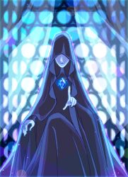Rule 34 | 1girl, aliasing, blue diamond (steven universe), blue skin, cartoon network, colored skin, covered eyes, curtains, dokur01, gem, glowing, hood, parted lips, pointing, solo, steven universe