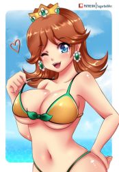 Rule 34 | 1girl, artist name, bikini, blue eyes, breasts, brown hair, cleavage, crown, day, earrings, flower earrings, grin, hand on own hip, heart, jewelry, large breasts, looking at viewer, mario (series), navel, nintendo, one eye closed, open mouth, princess daisy, shiny skin, short hair, smile, solo, spoken heart, sugarbell, super mario land, swimsuit, tomboy, water, wink