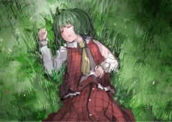 Rule 34 | 1girl, ascot, bad id, bad twitter id, collared shirt, closed eyes, green hair, hand up, ichiba youichi, kazami yuuka, long sleeves, lying, on back, on grass, open clothes, open vest, plaid, plaid skirt, plaid vest, shirt, short hair, sketch, skirt, sleeping, solo, touhou, vest, white shirt