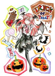 Rule 34 | &gt;:), 1girl, absurdres, armband, bat (animal), bat wings, black thighhighs, blush, blush stickers, book, bow, box, breasts, buttons, candy, chocolate, chocolate bar, colored pencil (medium), colorful, demon tail, dress shirt, dripping, english text, food, frills, gift, gift box, goku (acoloredpencil), gokuu (acoloredpencil), halloween, head tilt, head wings, heart, highres, holding, holding book, jack-o&#039;-lantern, koakuma, loafers, lollipop, long hair, long sleeves, looking at viewer, necktie, pointy ears, red eyes, red hair, red ribbon, ribbon, shirt, shoes, sidelocks, skirt, skirt set, smile, solo, standing, standing on one leg, tail, thighhighs, touhou, traditional media, trick or treat, v-shaped eyebrows, vest, white background, white shirt, wings, zettai ryouiki