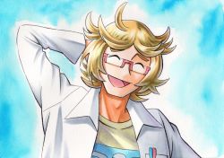 Rule 34 | 1boy, :d, ahoge, arm behind head, blonde hair, blue background, closed eyes, commentary request, creatures (company), game freak, glasses, hand up, highres, lab coat, long sleeves, male focus, nintendo, oka mochi, open mouth, parted bangs, pokemon, pokemon (anime), pokemon journeys, ren (pokemon), shirt, short hair, smile, solo, tongue, traditional media, upper body, yellow shirt