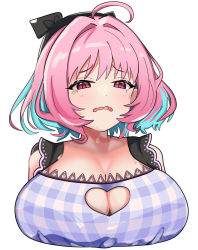 Rule 34 | 1girl, absurdres, ahoge, black hat, blue hair, breasts, cleavage, cleavage cutout, clothing cutout, collarbone, cropped torso, crying, crying with eyes open, dot nose, dress, fang, hair intakes, half-closed eyes, hat, heart cutout, highres, idolmaster, idolmaster cinderella girls, idolmaster cinderella girls starlight stage, large breasts, looking at viewer, mitche, multicolored hair, official alternate costume, open mouth, pink eyes, pink hair, plaid, plaid dress, raised eyebrows, simple background, skin fang, sleeveless, sleeveless dress, solo, tears, two-tone hair, upper body, wavy mouth, white background, yumemi riamu