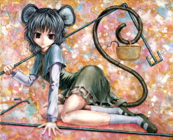 Rule 34 | 1girl, animal ears, basket, dowsing rod, dress, female focus, grey hair, jewelry, kabaji, mouse ears, nazrin, necklace, oil painting (medium), painting (medium), red eyes, solo, tail, touhou, traditional media