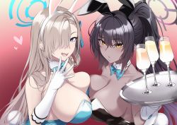Rule 34 | 2girls, animal ears, asuna (blue archive), asuna (bunny) (blue archive), bare shoulders, black hair, black leotard, blue archive, blue eyes, blue leotard, blush, bow, bowtie, breast press, breasts, cleavage, cup, dark-skinned female, dark skin, detached collar, drinking glass, elbow gloves, fake animal ears, gloves, hair over one eye, halo, highres, karin (blue archive), karin (bunny) (blue archive), large breasts, leotard, light brown hair, long hair, looking at viewer, mku, mole, mole on breast, multiple girls, open mouth, playboy bunny, ponytail, rabbit ears, sidelocks, smile, symmetrical docking, traditional bowtie, tray, white gloves, yellow eyes