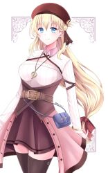 Rule 34 | 1girl, agnes claudel, belt, beret, black thighhighs, blonde hair, blue bag, blue eyes, border, closed mouth, commentary request, eiyuu densetsu, hat, highres, inset border, jewelry, kai no kiseki, kuro no kiseki, long hair, low-tied long hair, ma tsu r i, necklace, ornate border, red hat, simple background, smile, solo, standing, thighhighs, waist bag, white background
