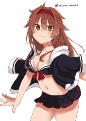 Rule 34 | 1girl, absurdres, adapted costume, bikini, bikini skirt, black jacket, black skirt, breasts, brown eyes, brown hair, cleavage, commentary request, cowboy shot, hair flaps, hairband, highres, hinako (hinako 0819), jacket, jacket on shoulders, kantai collection, medium breasts, one-hour drawing challenge, red hairband, shiratsuyu (kancolle), shiratsuyu kai ni (kancolle), simple background, skirt, solo, swimsuit, white background