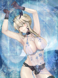 Rule 34 | 1girl, absurdres, aito, artoria pendragon (fate), artoria pendragon (lancer alter) (fate), artoria pendragon (lancer alter) (royal icing) (fate), bare shoulders, blonde hair, blush, braid, breasts, cleavage, closed mouth, fate/grand order, fate (series), gloves, hair between eyes, highres, horns, large breasts, long hair, looking at viewer, navel, official alternate costume, panties, solo, thighhighs, underwear, yellow eyes