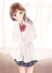 Rule 34 | 1girl, black skirt, bow, bowtie, brown eyes, brown hair, closed mouth, collared shirt, commentary request, curtains, day, head tilt, indoors, long hair, long sleeves, looking at viewer, original, pleated skirt, red bow, red bowtie, school uniform, shirt, skirt, smile, solo, sunlight, white shirt, window, yukimaru217