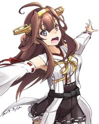 Rule 34 | 1girl, ahoge, brown hair, brown skirt, commentary request, cowboy shot, detached sleeves, double bun, hairband, headgear, kantai collection, kongou (kancolle), long hair, minosu, one-hour drawing challenge, open mouth, outstretched arms, pleated skirt, purple eyes, ribbon-trimmed sleeves, ribbon trim, simple background, skirt, smile, solo, white background