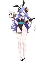 Rule 34 | 1girl, :d, :o, absurdres, ahoge, alcohol, alternate costume, animal ears, bare shoulders, black footwear, black leotard, blush, bottle, braid, breasts, cleavage, detached collar, fake animal ears, flower, groin, hair between eyes, highres, holding, holding bottle, holding tray, horns, kindred (league of legends), lamb (league of legends), league of legends, leotard, long hair, looking at viewer, medium breasts, mona kkkk, open mouth, pantyhose, playboy bunny, rabbit ears, shoes, smile, solo, spirit blossom (league of legends), spirit blossom kindred, strapless, strapless leotard, tray, wine, wrist cuffs