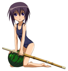 Rule 34 | 1girl, arm support, bamboo blade, bare shoulders, breasts, collarbone, food, fruit, full body, kawazoe tamaki, kneeling, looking at viewer, one-piece swimsuit, open mouth, purple eyes, purple hair, school swimsuit, shinai, short hair, simple background, small breasts, solo, swimsuit, sword, watermelon, weapon, white background, winbee (selkie)