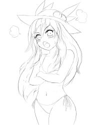 Rule 34 | &gt;:o, 1girl, :o, angry, bikini, blush, breasts, constricted pupils, crossed arms, fang, food, food on head, fruit, fruit on head, greyscale, hat, highres, hinanawi tenshi, hip focus, king (ougon kingyo-bachi), long hair, looking at viewer, monochrome, navel, object on head, open mouth, peach, scolding, side-tie bikini bottom, sketch, small breasts, solo, steam, sweatdrop, swimsuit, touhou, v-shaped eyebrows, very long hair
