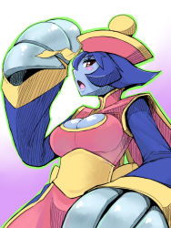 Rule 34 | 1girl, arm up, belt, blue eyes, blue skin, blush stickers, breasts, capcom, chinese clothes, claws, cleavage, cleavage cutout, clothing cutout, colored skin, gradient background, jiangshi, lei lei, long sleeves, looking at viewer, misonou hirokichi, ofuda, open mouth, purple hair, red eyes, short hair, solo, vampire (game)